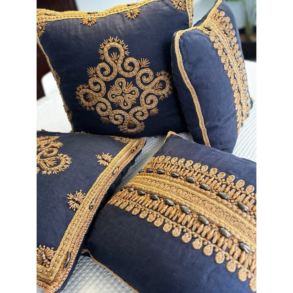 Ankasa Embroidered Navy and Gold Throw Pillows